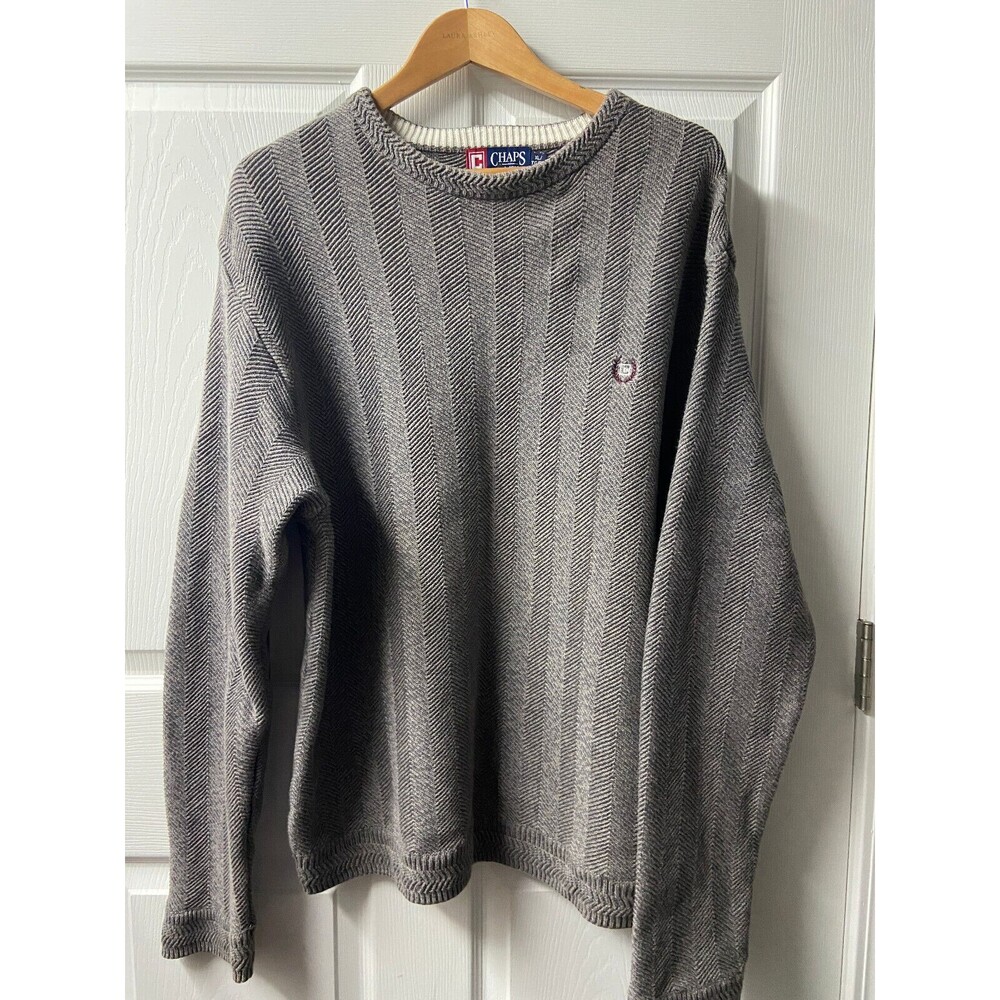 Ralph Lauren Chaps Sweater Mens XL Grey Herringbone Pullover Crewneck Classic